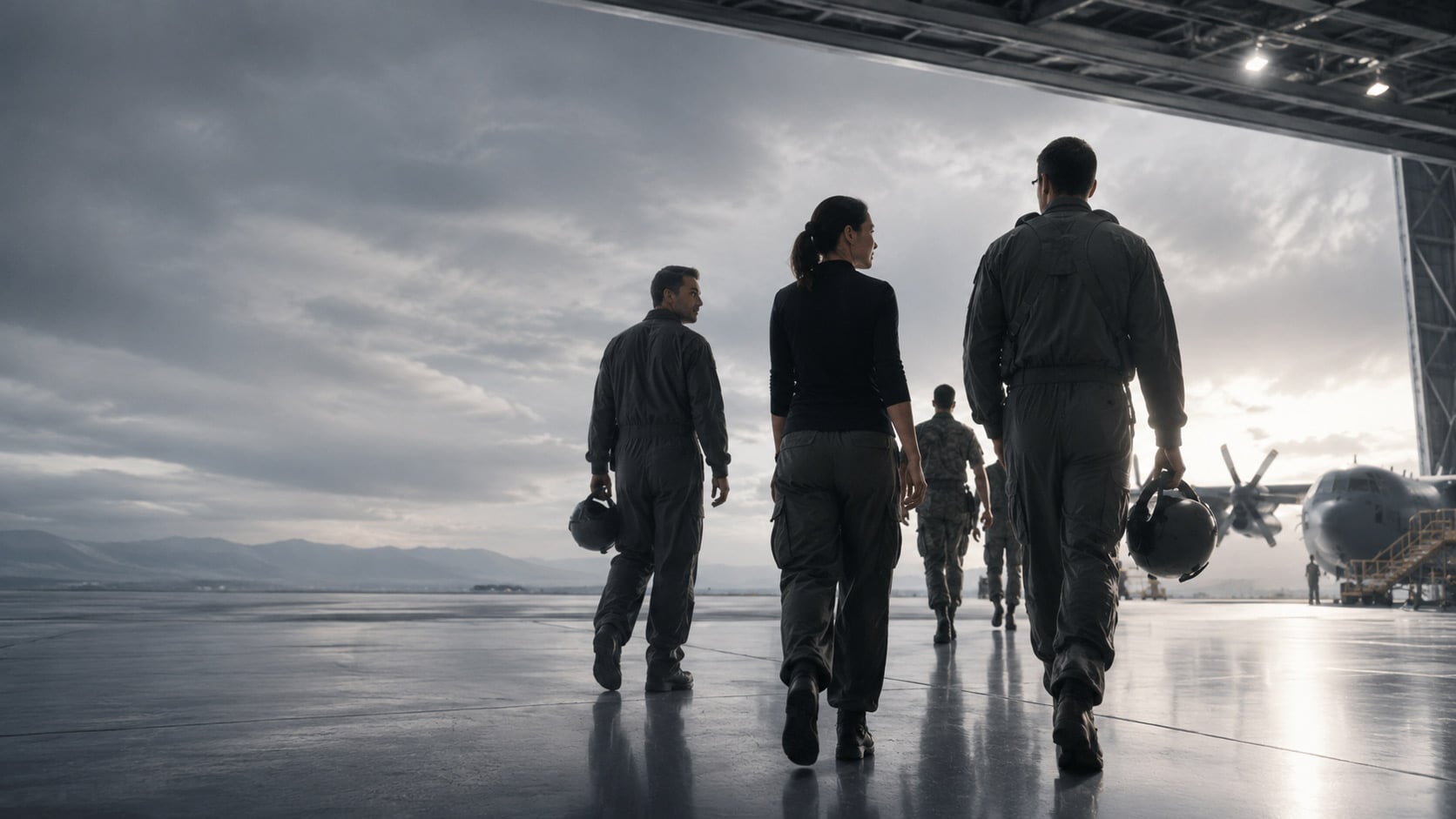 Military aircrew walking from an aircraft hangar toward a transport aircraft on a wet flight line