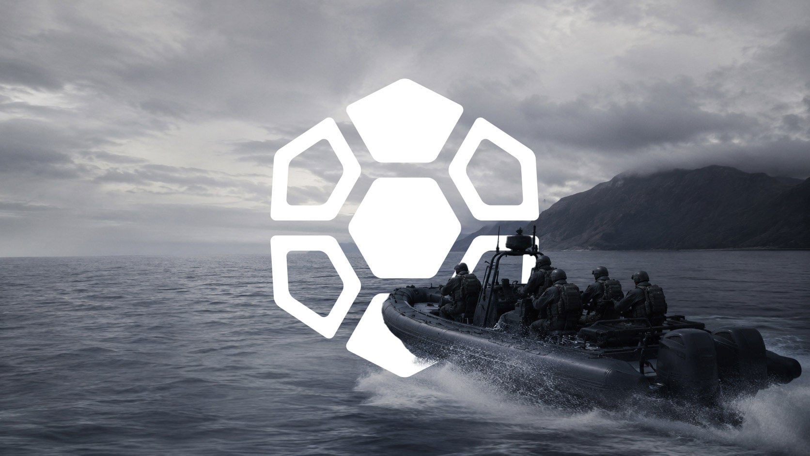 Military special operations team traveling by rigid-hull inflatable boat along a rugged coastline with the Diamondback Solutions geometric brand mark