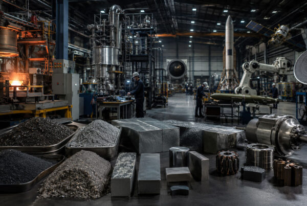 Engineers working inside an advanced aerospace manufacturing hangar with precision components, raw materials, robotic equipment, and missile and satellite systems