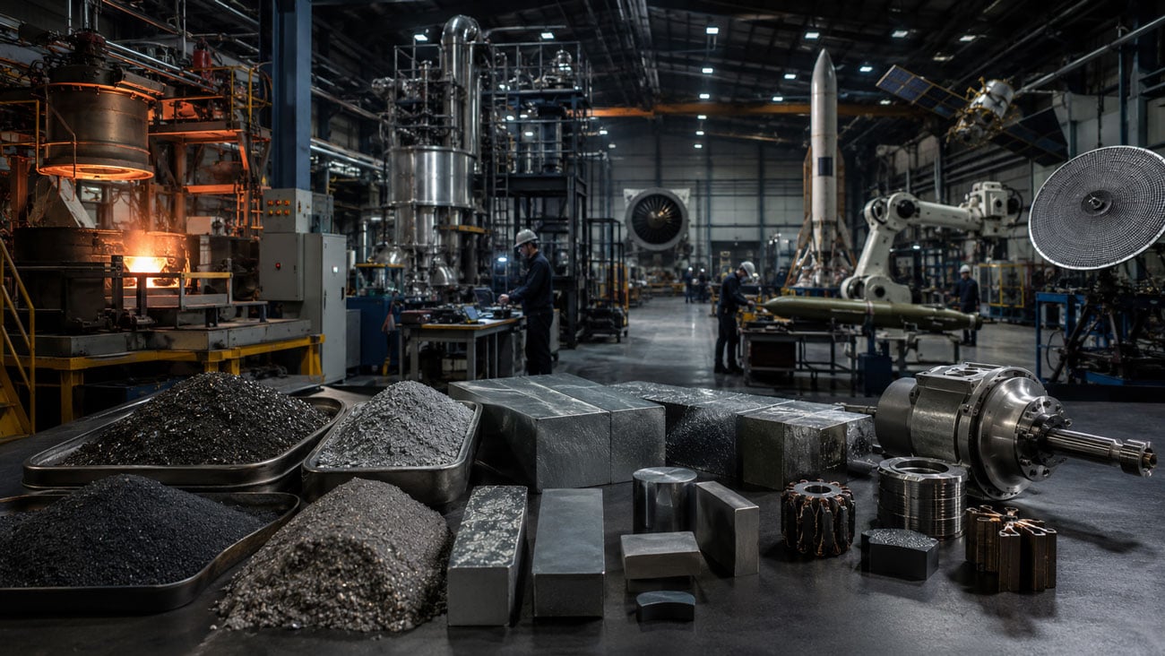 Engineers working inside an advanced aerospace manufacturing hangar with precision components, raw materials, robotic equipment, and missile and satellite systems