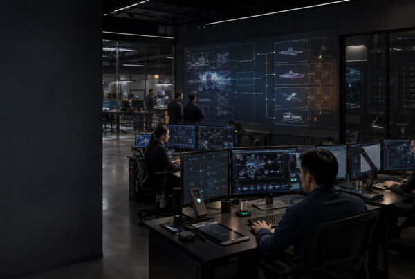 Cybersecurity operations center monitoring defense networks, connected military systems, and protected digital infrastructure