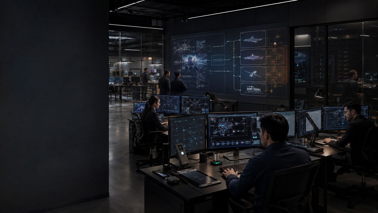 Cybersecurity operations center monitoring defense networks, connected military systems, and protected digital infrastructure