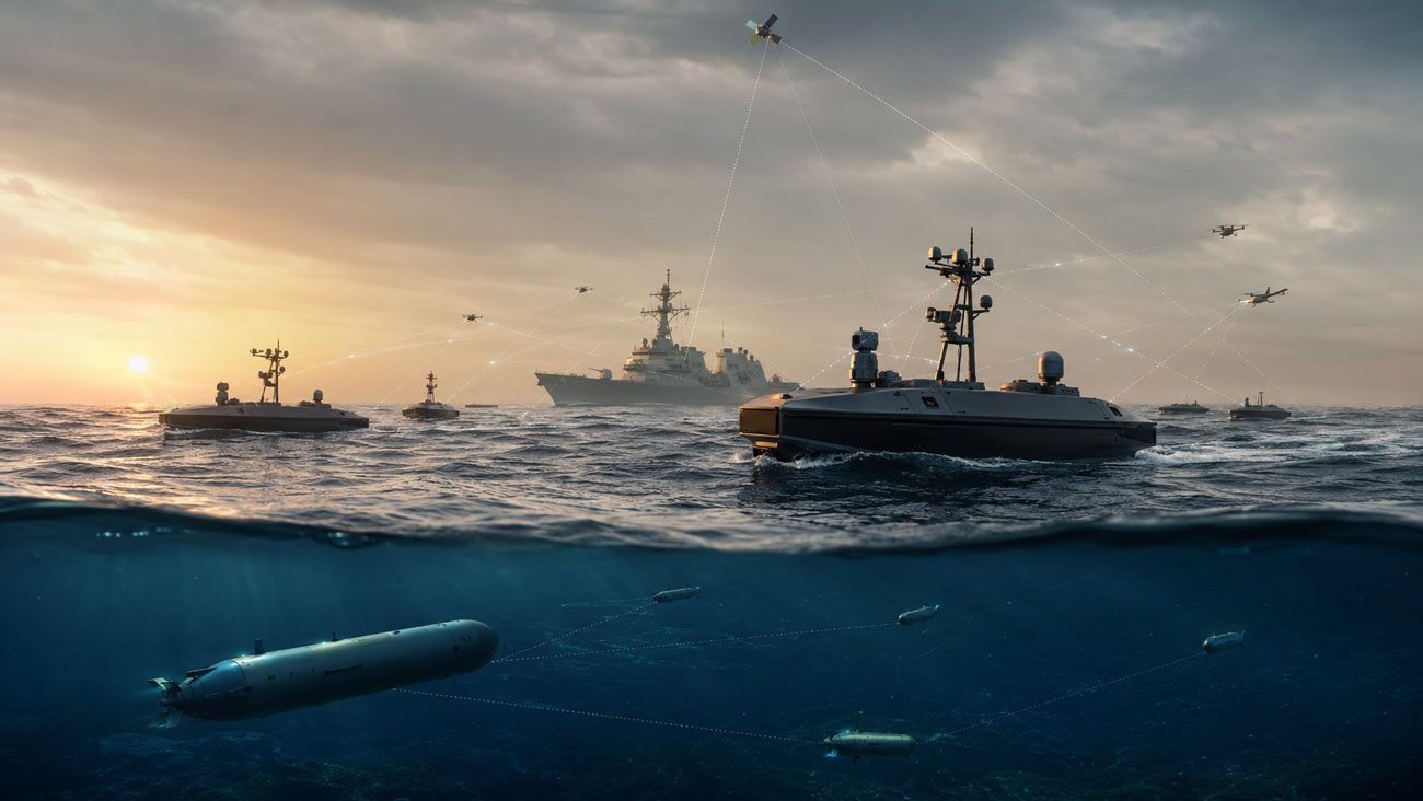 Autonomous naval drones, unmanned surface vessels, underwater vehicles, aircraft, and a U.S. warship operating across a connected maritime network at sea