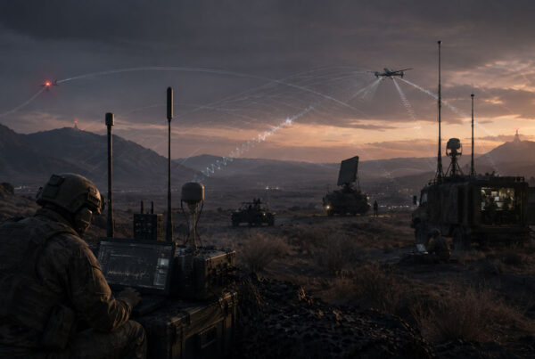 U.S. military communications outpost in a desert battlefield with tactical antennas, satellite systems, vehicles, and networked command equipment
