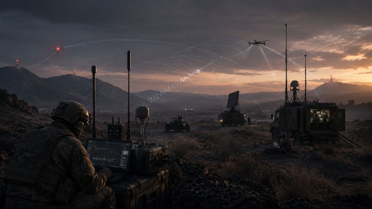 U.S. military communications outpost in a desert battlefield with tactical antennas, satellite systems, vehicles, and networked command equipment