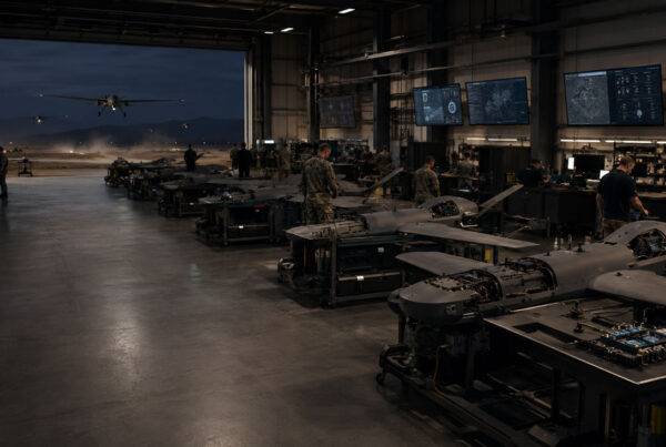 U.S. military drones and autonomous aircraft moving through an advanced defense manufacturing facility built for high-volume unmanned systems production
