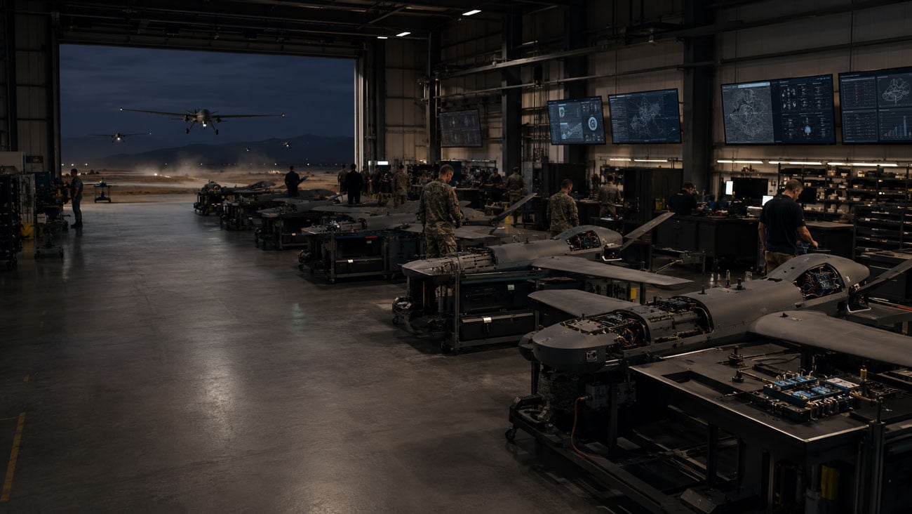 U.S. military drones and autonomous aircraft moving through an advanced defense manufacturing facility built for high-volume unmanned systems production