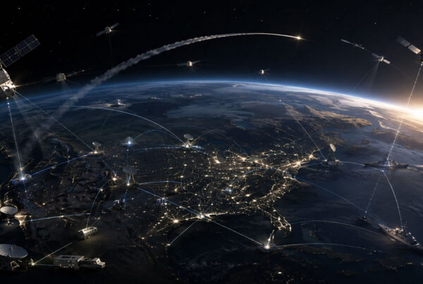 Integrated U.S. missile defense network connecting satellites, radars, command systems, and interceptors across air, space, and ground domains
