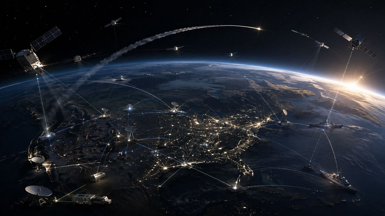 Integrated U.S. missile defense network connecting satellites, radars, command systems, and interceptors across air, space, and ground domains