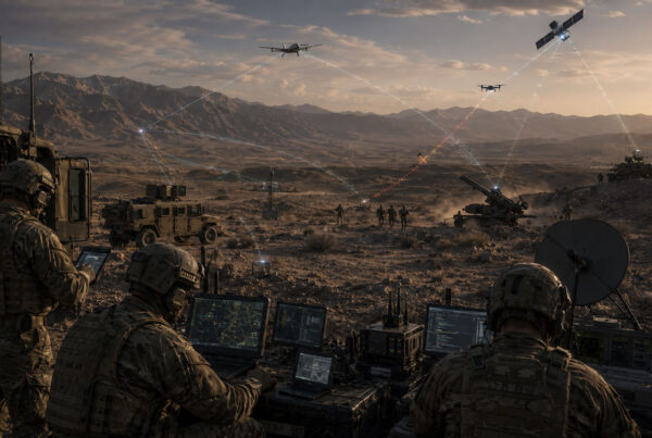 U.S. military personnel operating a high-tech desert command network connecting tactical vehicles, drones, satellites, sensors, and field communications systems