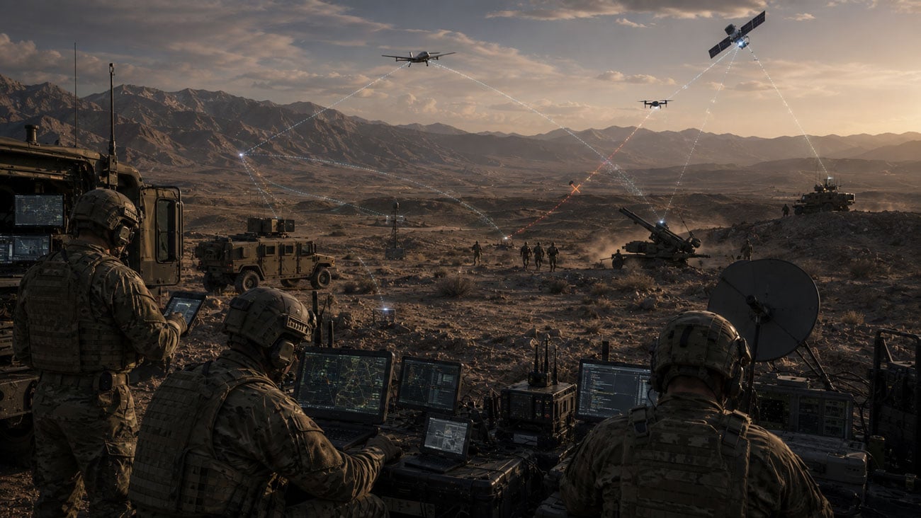 U.S. military personnel operating a high-tech desert command network connecting tactical vehicles, drones, satellites, sensors, and field communications systems