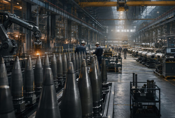 Industrial assembly line producing precision steel components with automated machinery, robotic systems, and manufacturing personnel