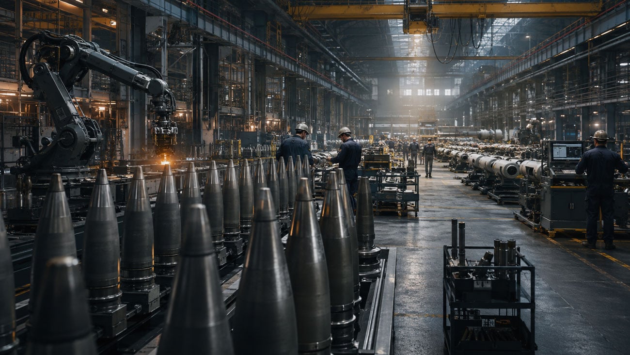 Industrial assembly line producing precision steel components with automated machinery, robotic systems, and manufacturing personnel