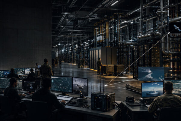 Military personnel monitoring satellite, maritime, air, and ground operations from a secure industrial command center with advanced network infrastructure