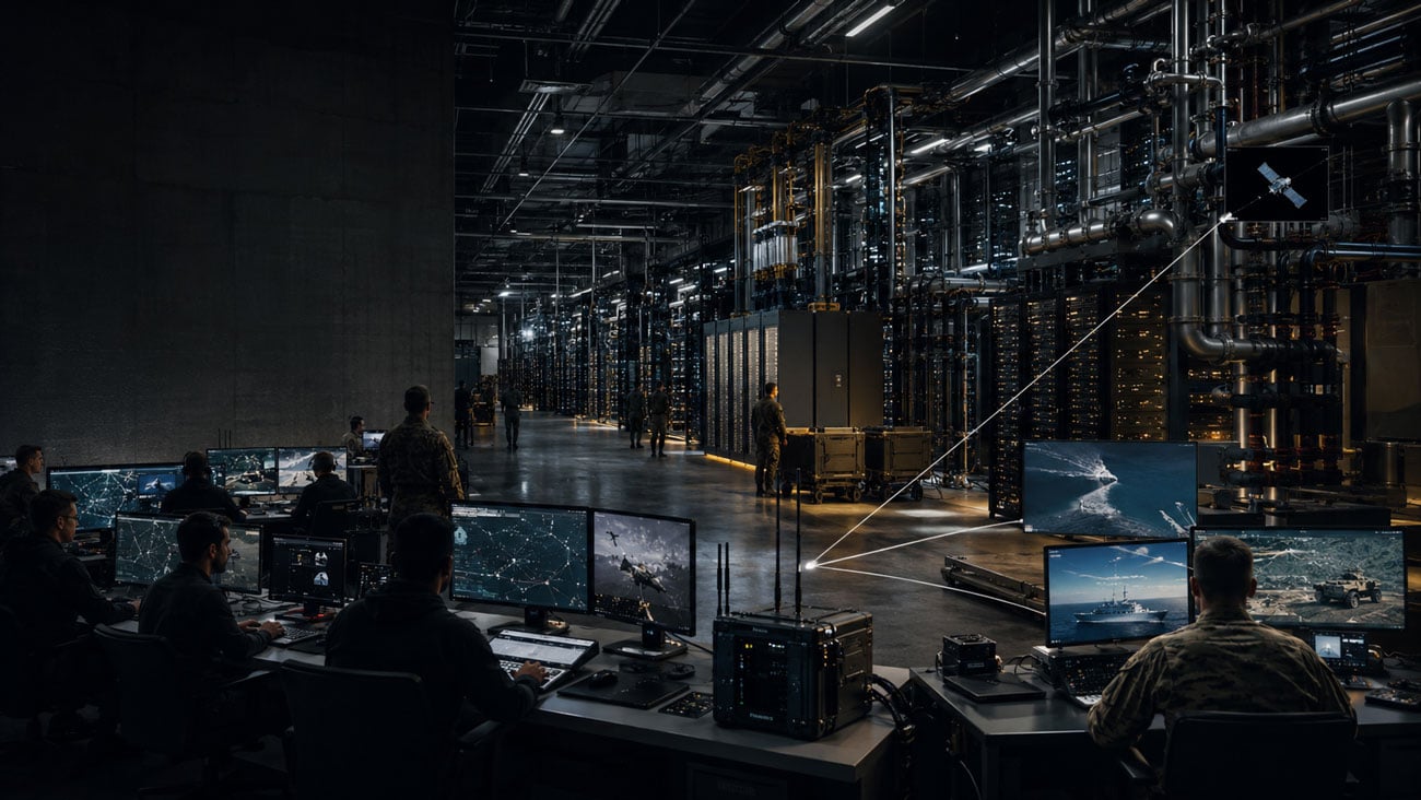 Military personnel monitoring satellite, maritime, air, and ground operations from a secure industrial command center with advanced network infrastructure
