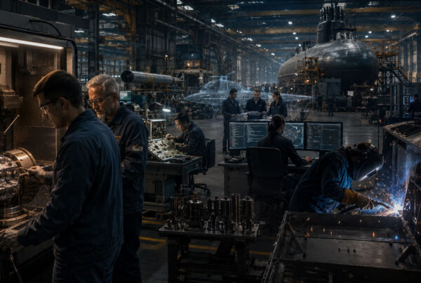 Engineers and skilled technicians working inside a U.S. naval shipyard with submarine construction, precision manufacturing, welding, and digital engineering systems