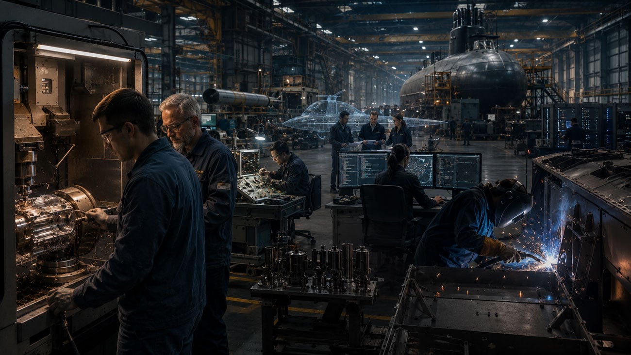 Engineers and skilled technicians working inside a U.S. naval shipyard with submarine construction, precision manufacturing, welding, and digital engineering systems