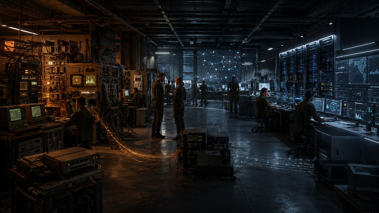 Military operations center transitioning from legacy communications equipment to modern digital command systems, data networks, and mission displays
