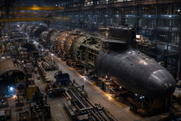 Technicians assembling a U.S. Navy submarine inside a large shipbuilding facility with cranes, scaffolding, and advanced manufacturing equipment