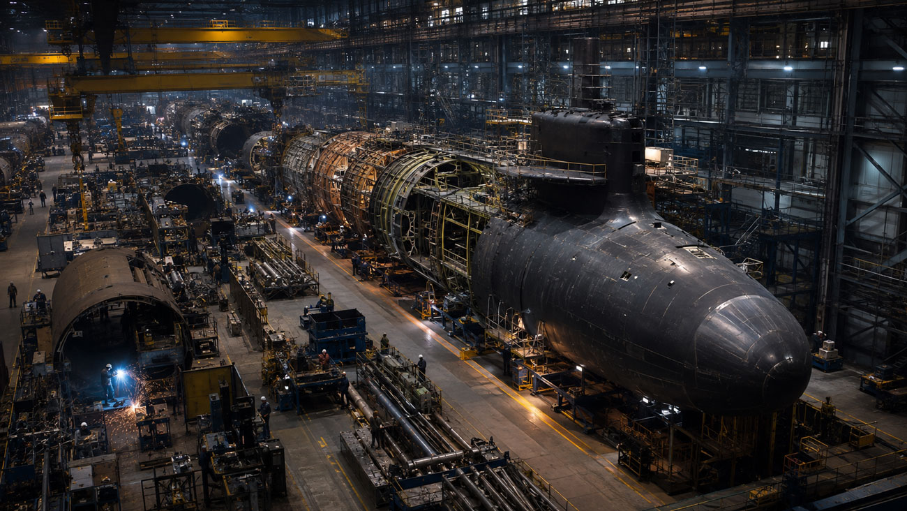 Technicians assembling a U.S. Navy submarine inside a large shipbuilding facility with cranes, scaffolding, and advanced manufacturing equipment