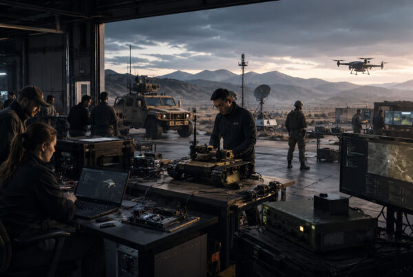 Engineers testing military technology at a mountain range facility with sensors, autonomous systems, communications equipment, and field prototypes