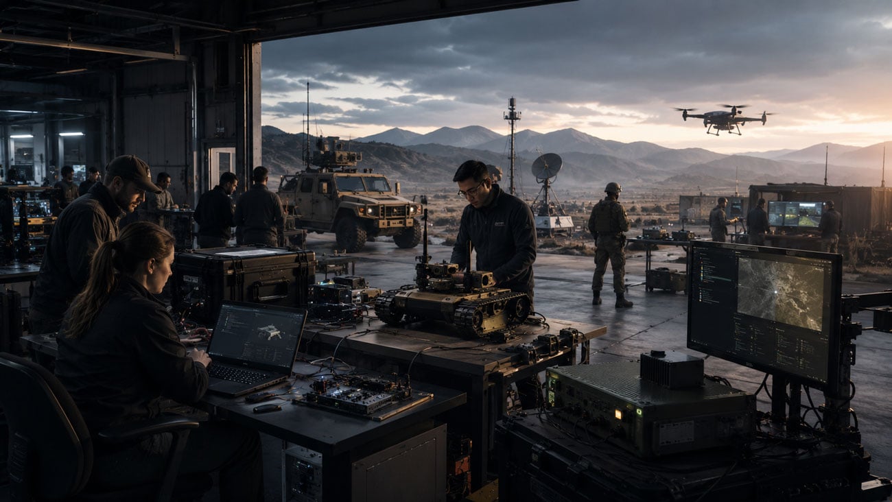 Engineers testing military technology at a mountain range facility with sensors, autonomous systems, communications equipment, and field prototypes