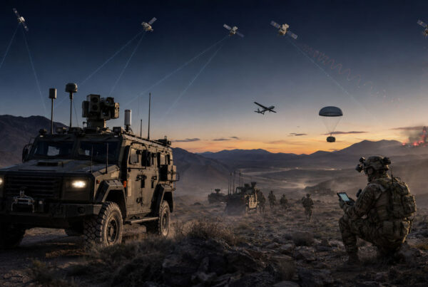 U.S. military forces conducting networked desert operations with tactical vehicles, satellites, unmanned aircraft, and connected communications systems at dusk