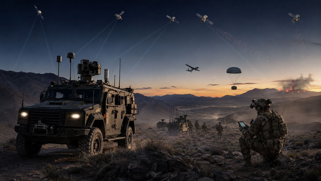 U.S. military forces conducting networked desert operations with tactical vehicles, satellites, unmanned aircraft, and connected communications systems at dusk