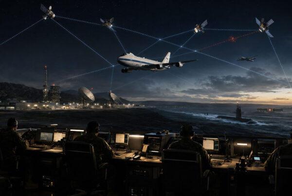 Military command operators monitoring a networked battlespace connecting satellites, aircraft, naval forces, and ground communications systems at night