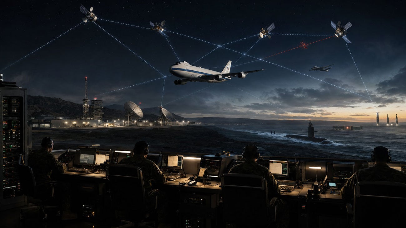 Military command operators monitoring a networked battlespace connecting satellites, aircraft, naval forces, and ground communications systems at night