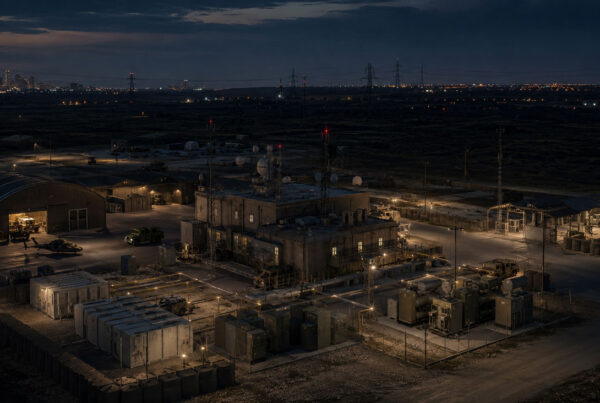 Nighttime military compound overlooking city lights with secure facilities, communications infrastructure, and personnel supporting defense operations