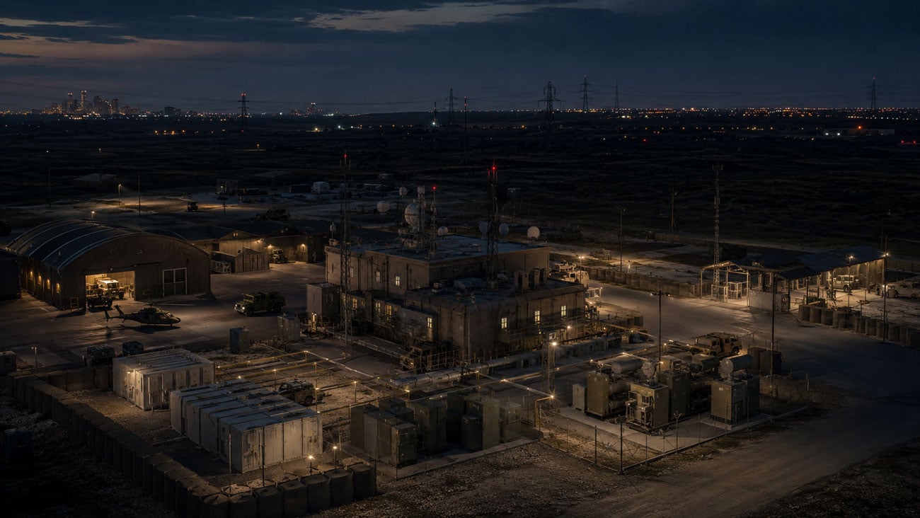 Nighttime military compound overlooking city lights with secure facilities, communications infrastructure, and personnel supporting defense operations