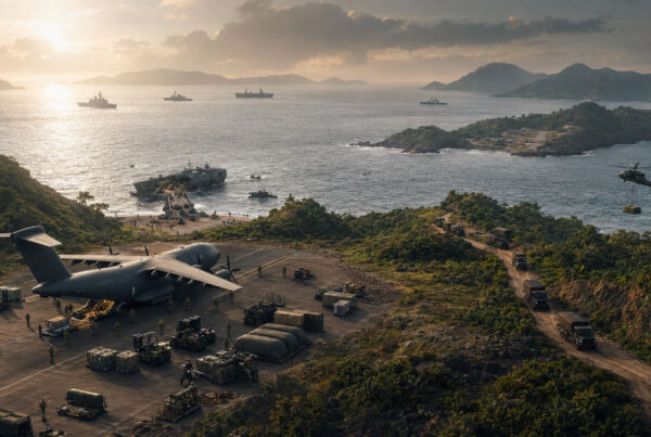 U.S. military logistics operations across the Indo-Pacific with cargo aircraft, naval vessels, tactical vehicles, and distributed island supply hubs