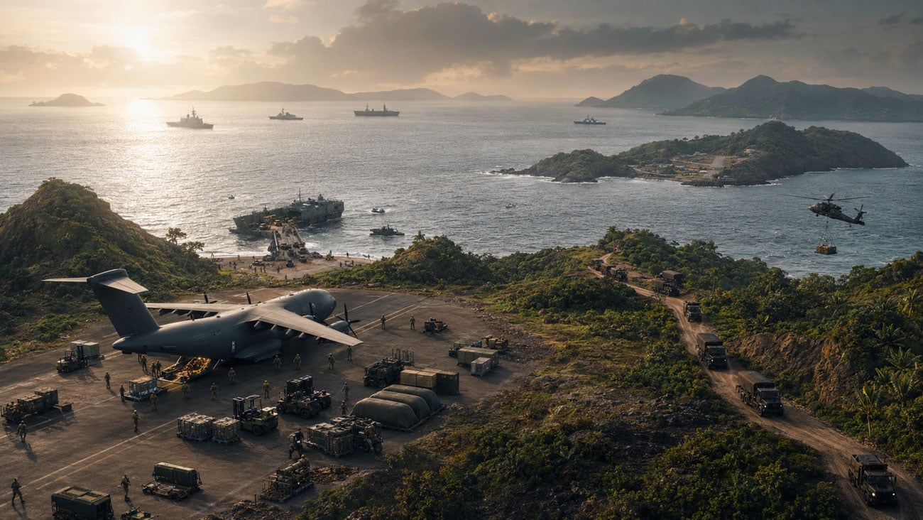 U.S. military logistics operations across the Indo-Pacific with cargo aircraft, naval vessels, tactical vehicles, and distributed island supply hubs
