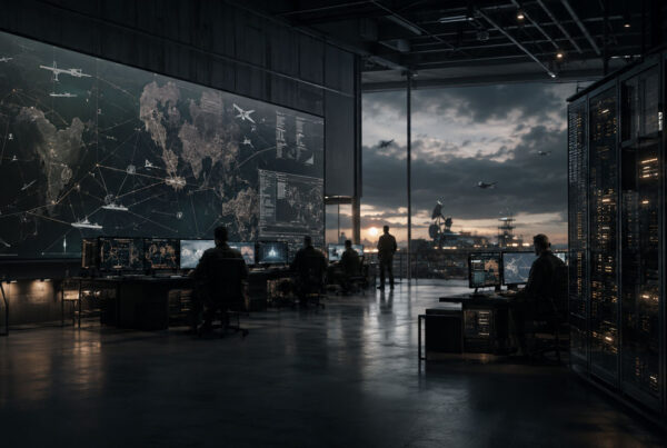 Defense software teams developing secure mission applications in a modern Pentagon technology environment with cloud infrastructure, code, data systems, and military operations displays