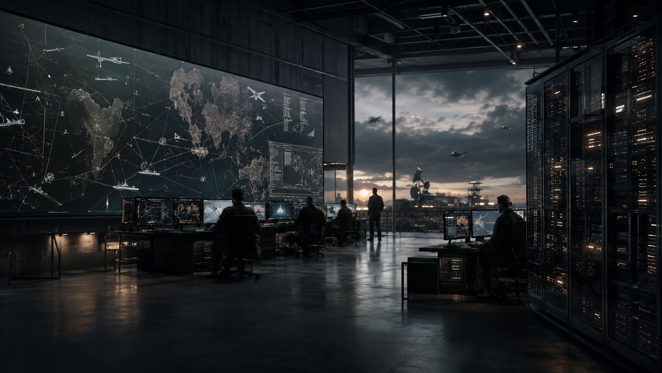 Defense software teams developing secure mission applications in a modern Pentagon technology environment with cloud infrastructure, code, data systems, and military operations displays
