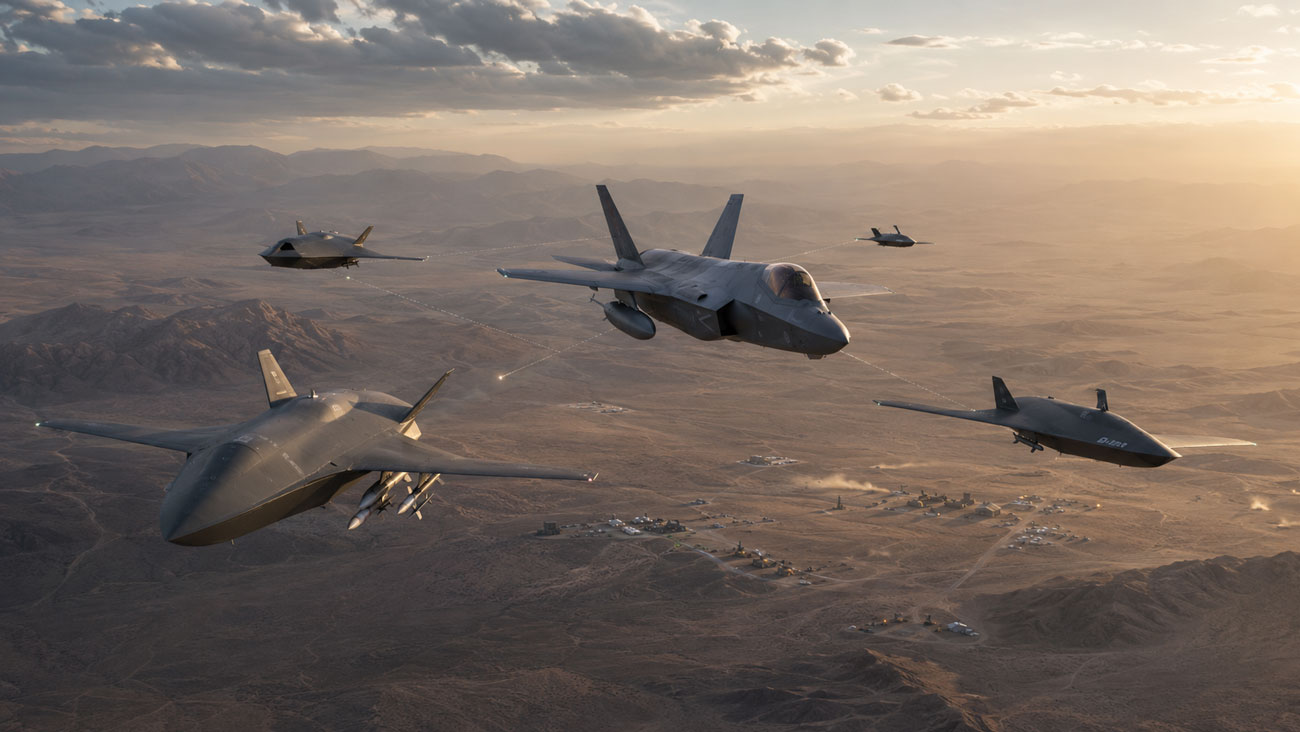 Collaborative Combat Aircraft flying alongside a U.S. military fighter jet during a networked air combat mission