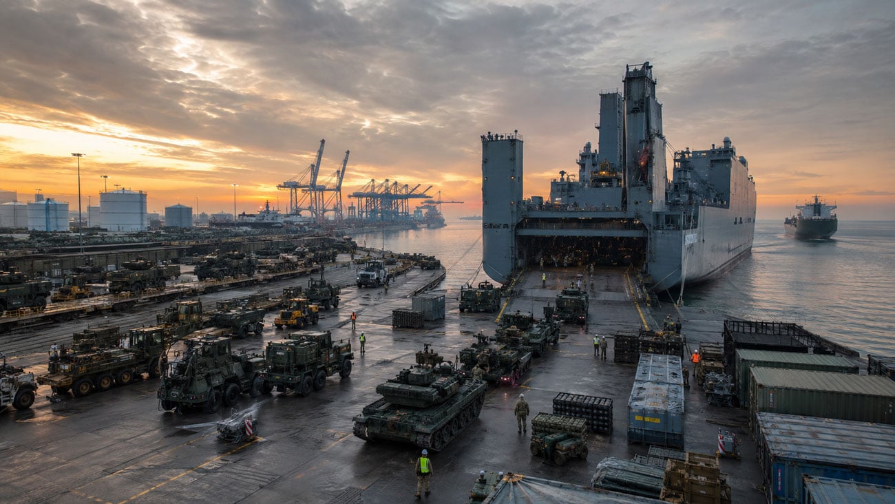 U.S. military vehicles and armored equipment loading onto a strategic sealift ship at a port during large-scale logistics operations