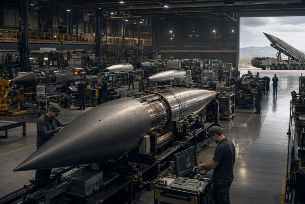 Hypersonic weapons production facility with technicians assembling advanced missile systems and a mobile launcher in the background