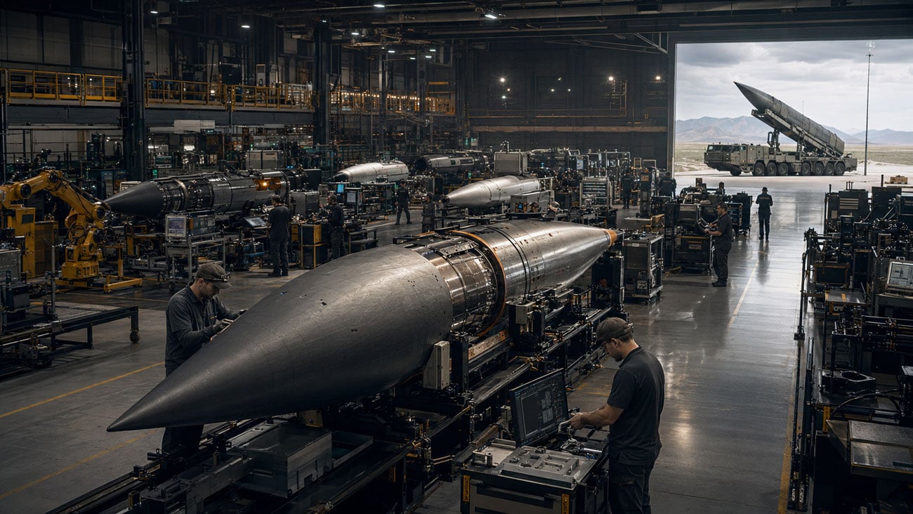 Hypersonic weapons production facility with technicians assembling advanced missile systems and a mobile launcher in the background