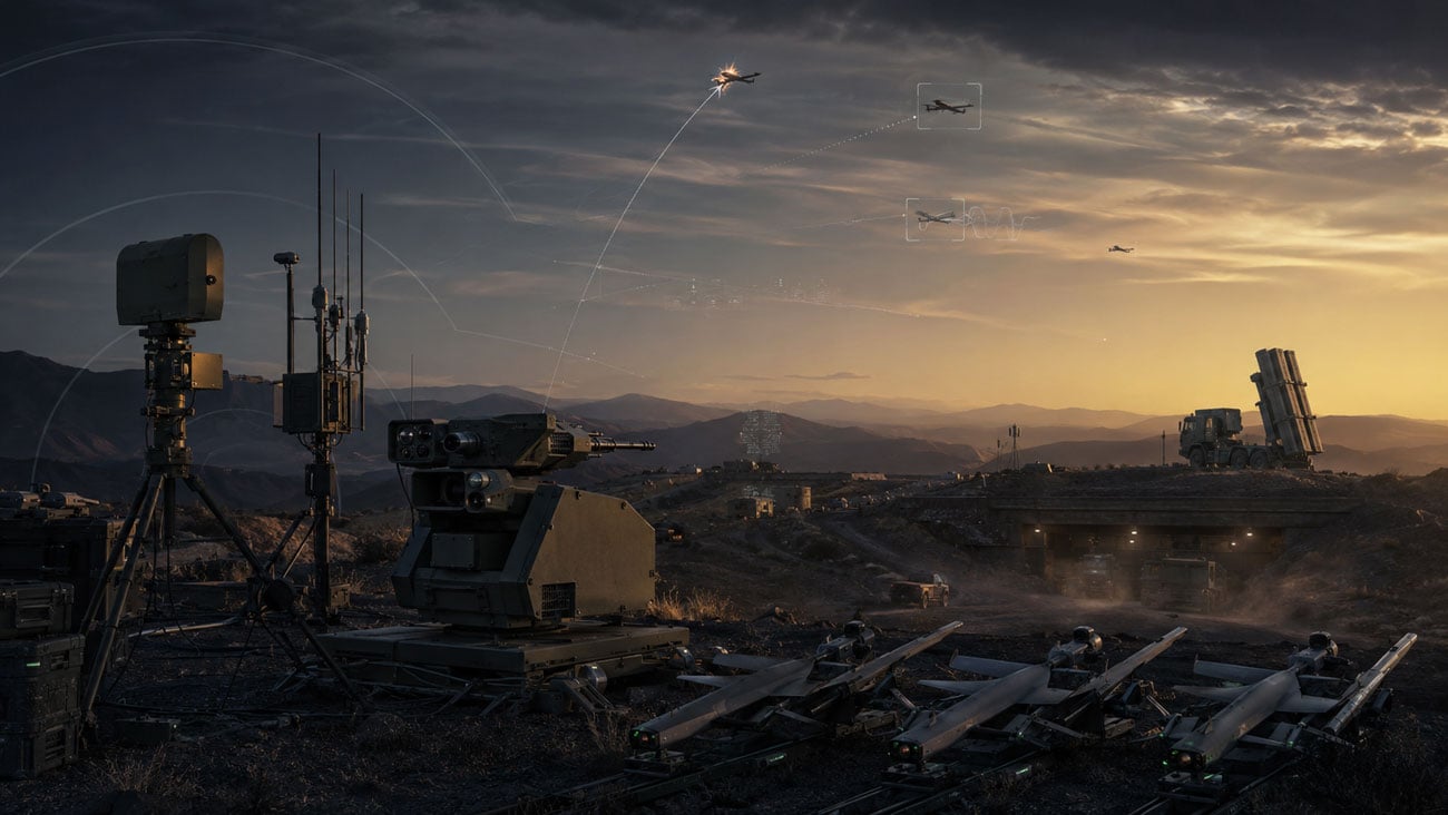 Counter-drone defense system detecting and engaging low-cost unmanned aircraft with radar, electronic sensors, and layered interceptors