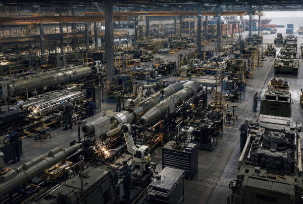 NATO allied forces, armored vehicles, aircraft, and defense infrastructure representing European rearmament and transatlantic military readiness
