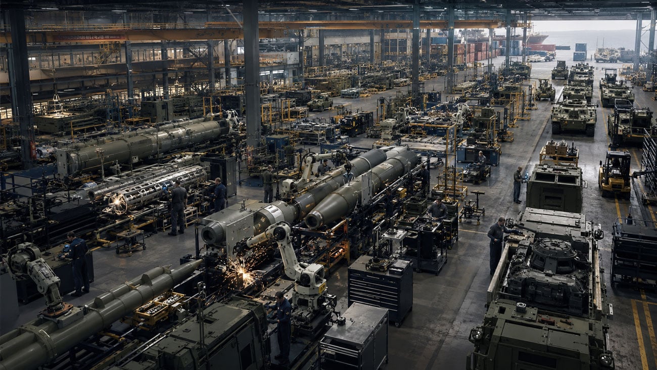 NATO allied forces, armored vehicles, aircraft, and defense infrastructure representing European rearmament and transatlantic military readiness